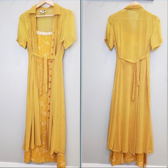 Vintage Dresses & Skirts - 2-Pc Vintage Maxi Dress Set Cottagecore Floral Polka Dot Long Dresses Yellow